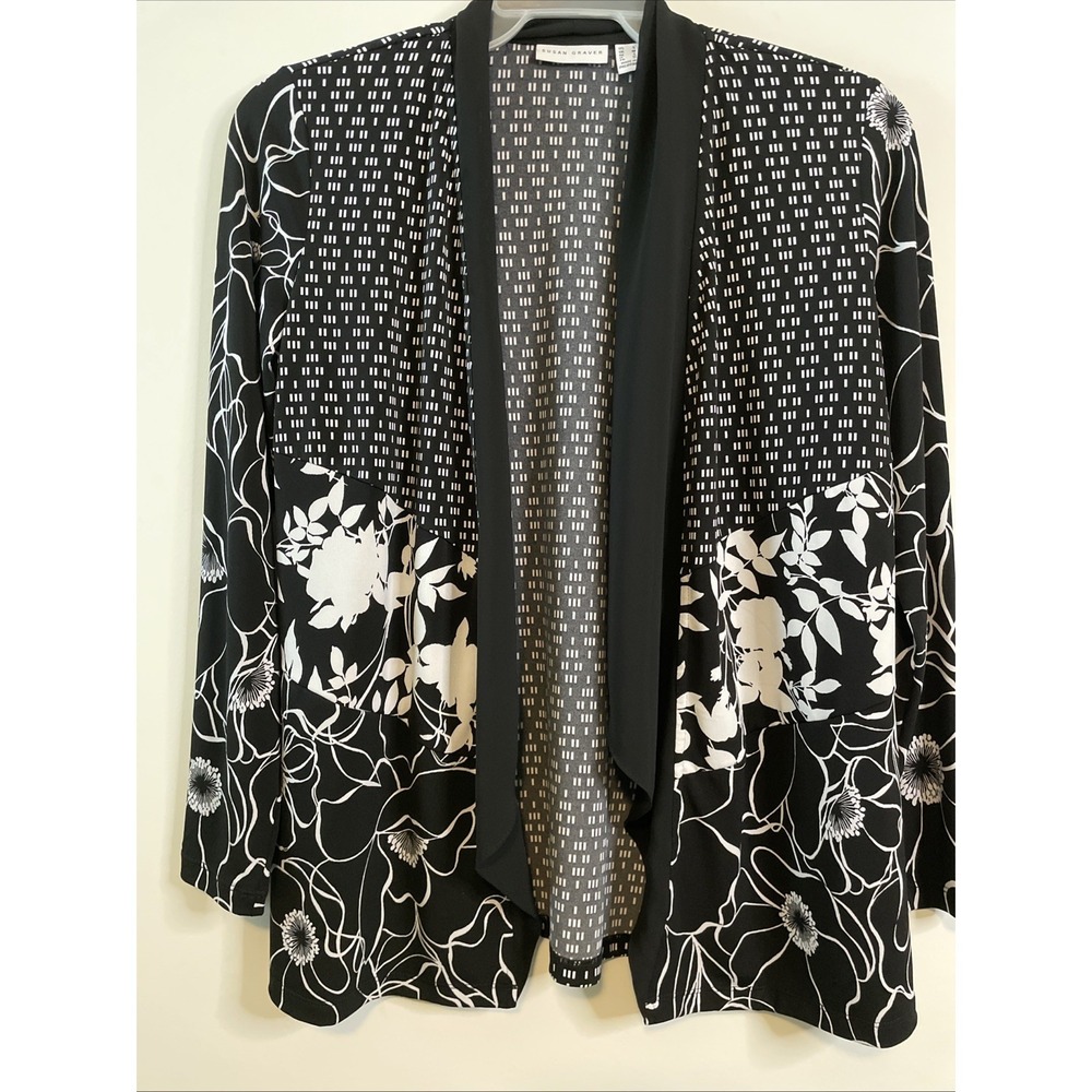 Susan Graver Small Black White Floral Open Front Cardigan Top Career - Picture 3 of 9